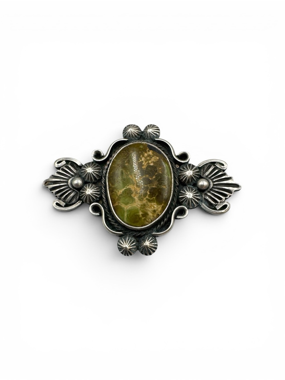Vintage 1960s Navajo Sterling Silver Green Royston Turquoise Signed Brooch Pin